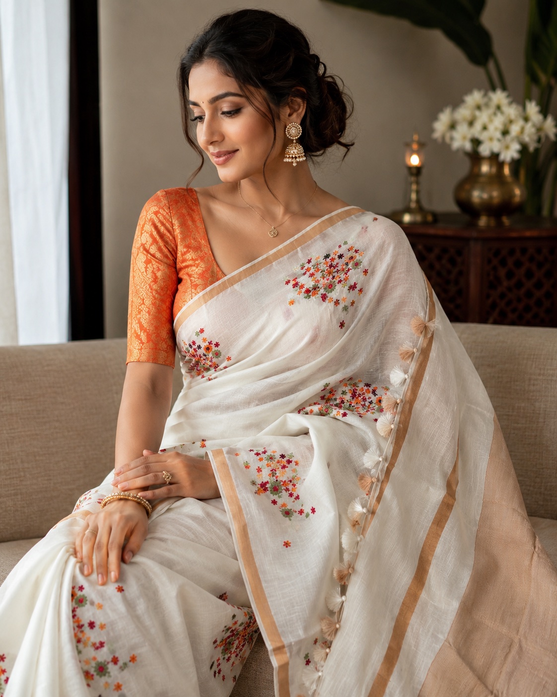 Linen embroidered saree